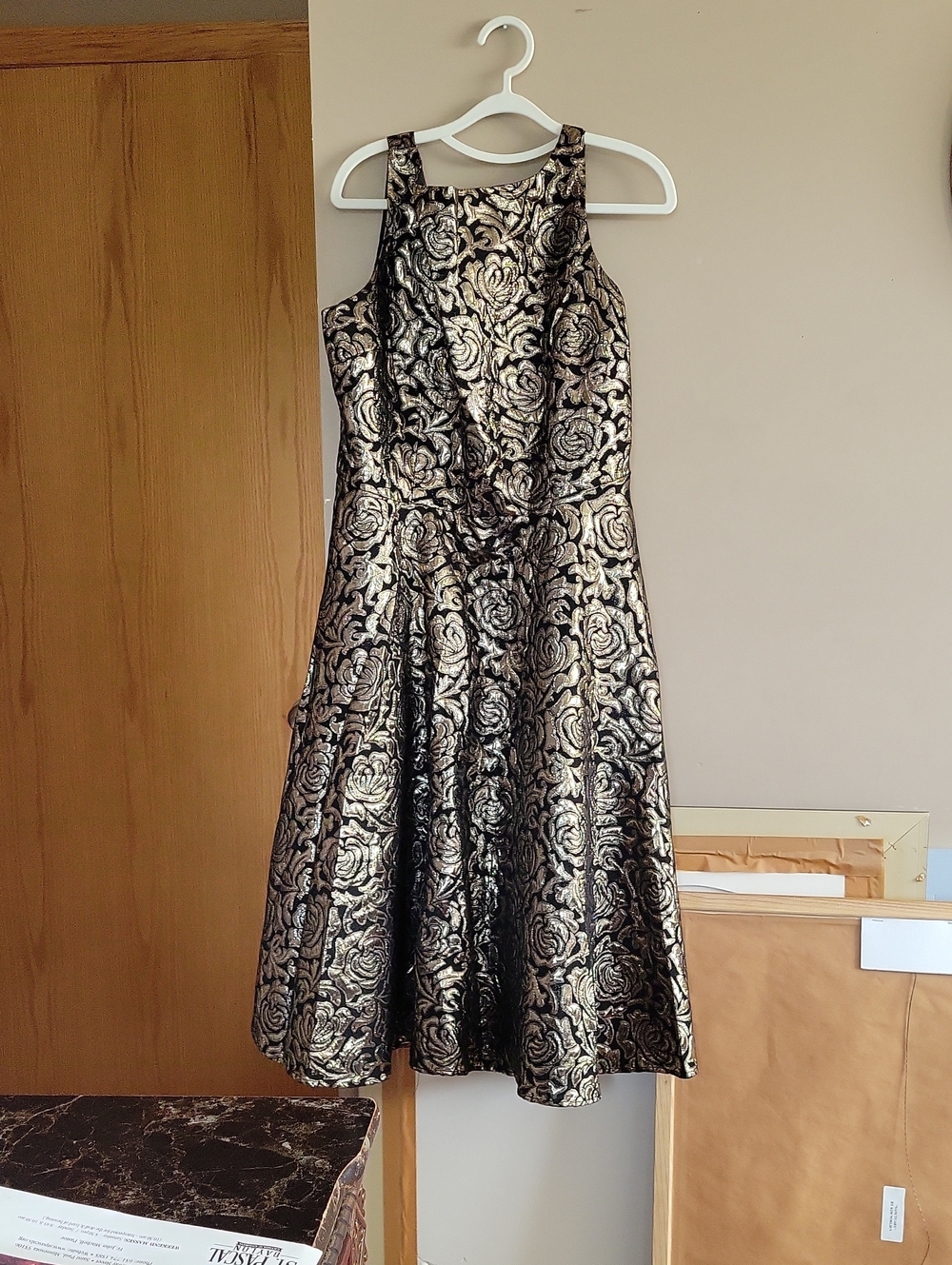 Tatyana Black and Gold Floral Midi Dress